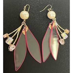 Betsey‎ Johnson Light Pink Glass Drop Earrings w/Pearl Accent & Rhinestones